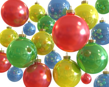 Background of red christmas shiny balls  isolated on white background