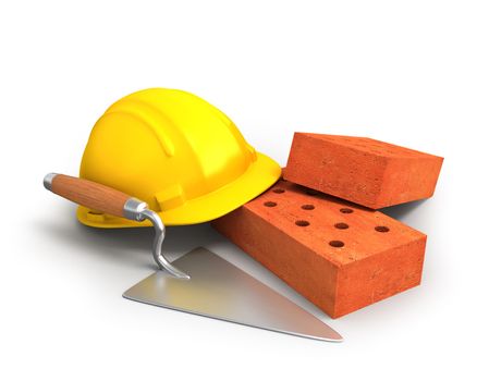 Bricks, trowel and a yellow plastic helmet isolated on white background
