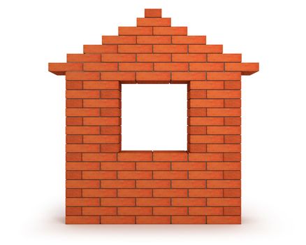 Abstract house made from orange bricks isolated on white background front view
