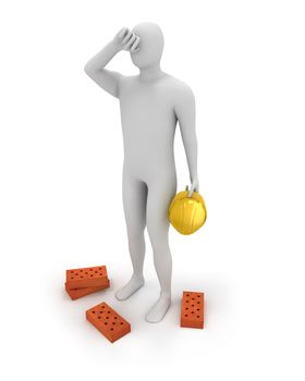 3D abstract white builder tired, and holding yellow helmet in a hand 