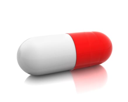 Single red pill isolated on white background
