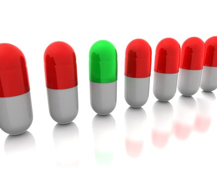 Green pill among reds isolated on white background
