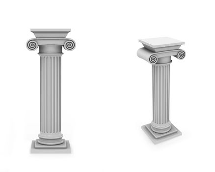 Marble roman columns frontal and diagonal view isolated on white background