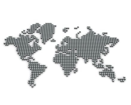 Continents made from silver balls, perspective version isolated on white background