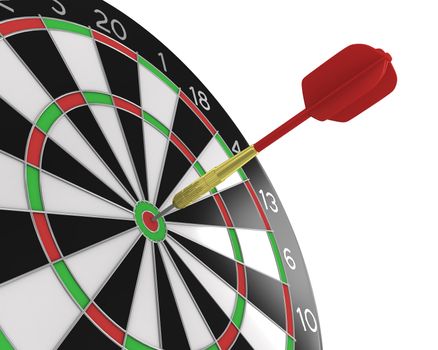 Dart stuck in a board diagonal view  isolated on white background