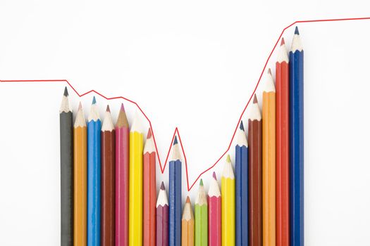 Business graph illustrating growth made up of colored pencils and red line