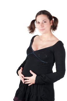 Portrait of pretty pregnant woman in black dress isolated on white