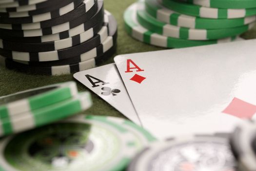 Poker cards and gambling chips