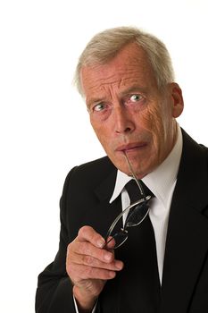 Businessman in black suit over a white background