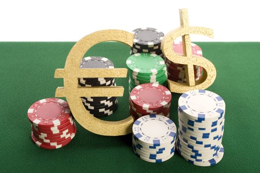 Close-up of gambling chips and Euro sign