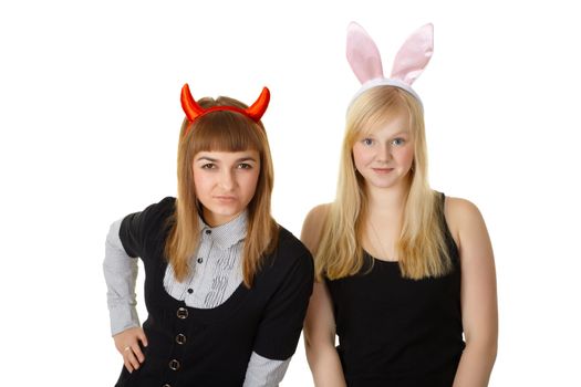 Two friends in festive costume devil and bunny isolated on white