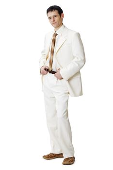 The young man in a light suit on a white background