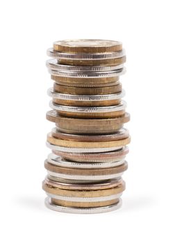 Closeup view of stack of different coins
