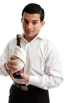 A waiter or a servant holds a bottle of wine or champagne.  White background.