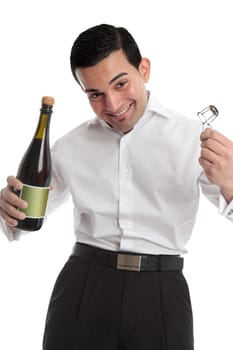 A happy cheerful man or waiter celebrating holding uncorking a bottle of wine or champagne.  White background.