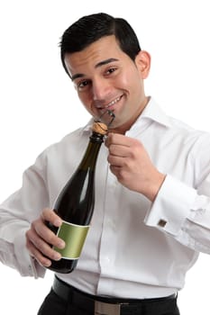 A cheerful bartender or man celebrating by opening a bottle of sparkling wine or champagne.  White background.