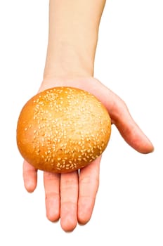 Hand giving a bun isolated on the white background