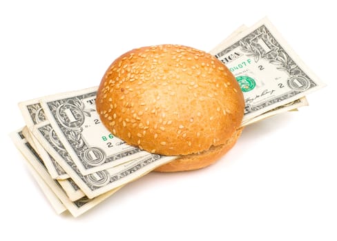 Money-stuffed burger isolated on the white background