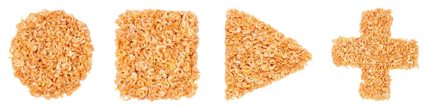 Geometrical figures made of dried shrimps, isolated on a white background