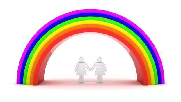 Lesbian couple under rainbow. 3d objects isolated on the white background.