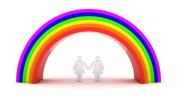 Lesbian couple under rainbow. 3d objects isolated on the white background.