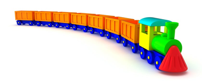 Toy train with orange tail isolated on the white background
