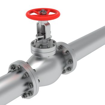 Pipe with red valve isolated on the white background
