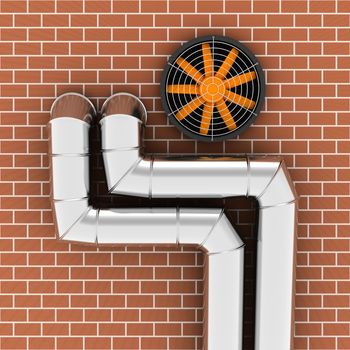 Metal pipes and ventilator on the brick wall