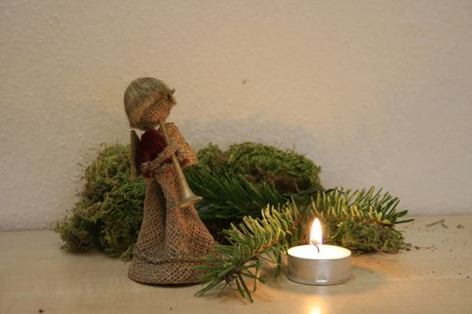 christmas angle, candle, christmas ceiling, pine braches, moss