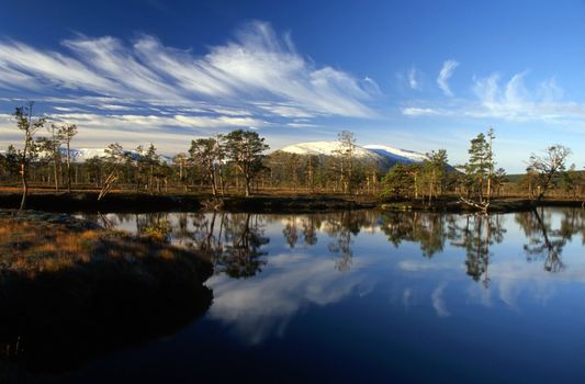 Mountain lake with blue sky and clear water