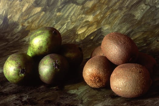 Pear and kiwi siolated on painted background
