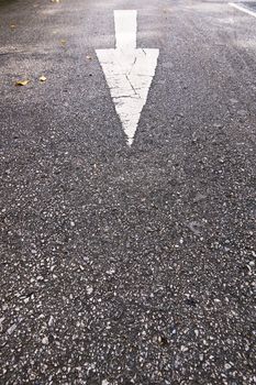 White arrow on the gray asphalt, road sign