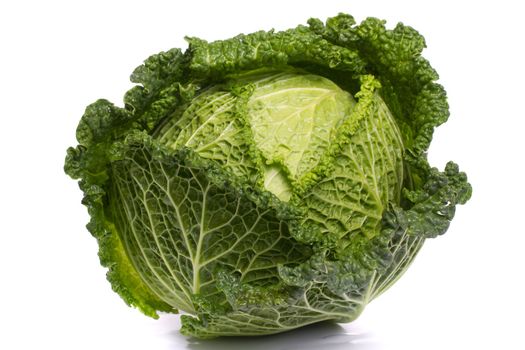 Close up view of a fresh savoy cabbage vegetable isolated on a white background.