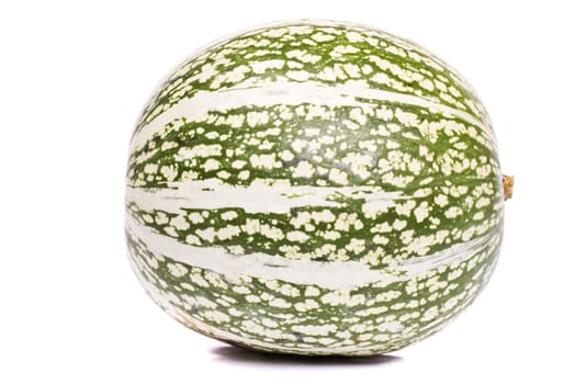 Close up view of a green striped green pumpkin isolated on a white background.