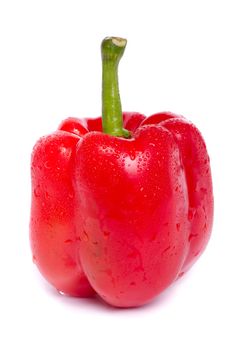 Close up view of a fresh red bell pepper isolated on a white background.