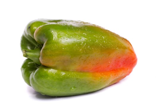Close up view of a fresh green bell pepper isolated on a white background.