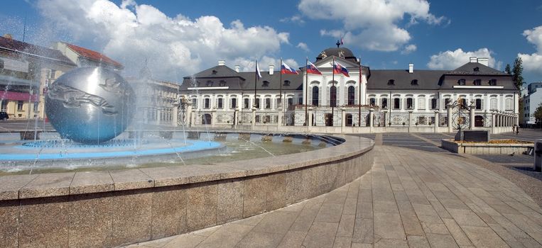 Grassalkovichov palace - now presidential palace, fountain in foreground, nice sunny day, panorama