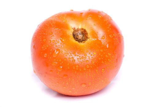 Close up view of one fresh red tomato isolated on a white background.