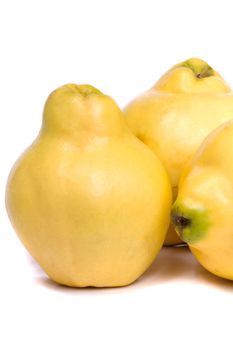 Close up view of some quince fruit isolated on a white background.