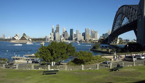 sydney panorama, photo taken from kirribilli, harbour bridge and opera house in picture