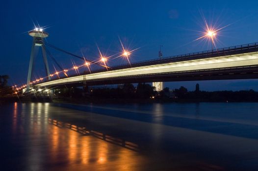 new in bratislava dividing old center and petrzalka suburb, on top of the bridge is a restaurant