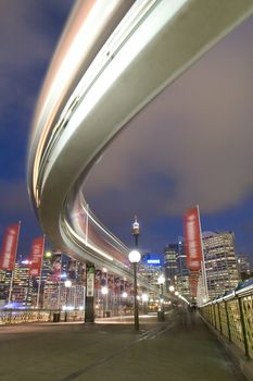sydney monoroail at darling harbour, light trails from train in motion, 