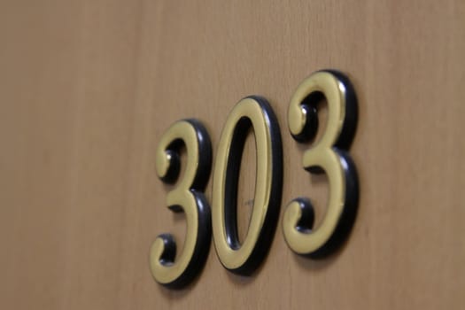 Close up of the Number 303 on the wall.