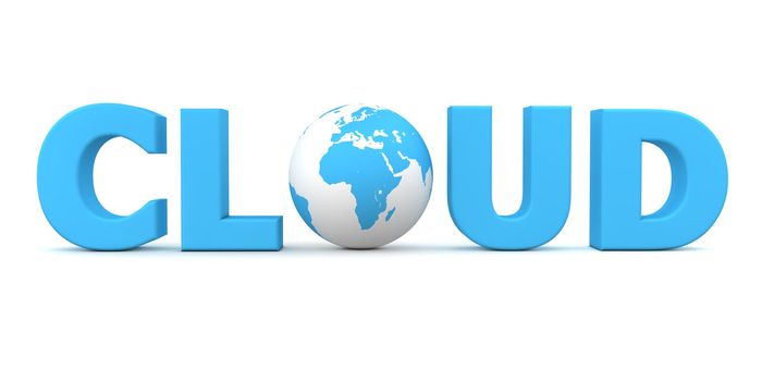blue word Cloud with 3D globe replacing letter O