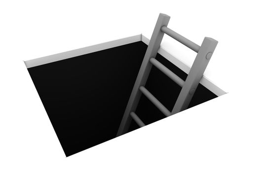 a rectangle hole in the white ground - grey ladder to climb out