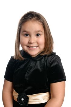 A crazy little girl is making a weird face, isolated against a white background.