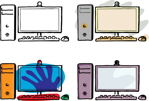 Four variations of a desktop computer with wireless keyboard and mouse.