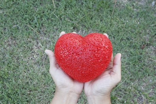 Woman's hands holding plastic red heart symbol over grass backgrounds