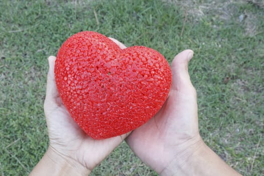 Male and female hands holding red plastic heart over grass