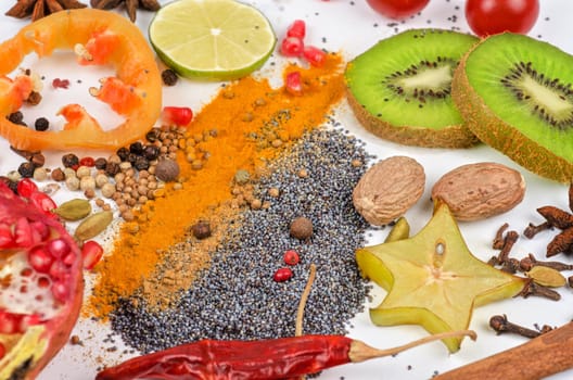 Colorful spices on a white background - beautiful kitchen image.